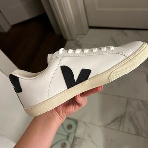 Veja Leather Low-Top Sneaker in White with Black V